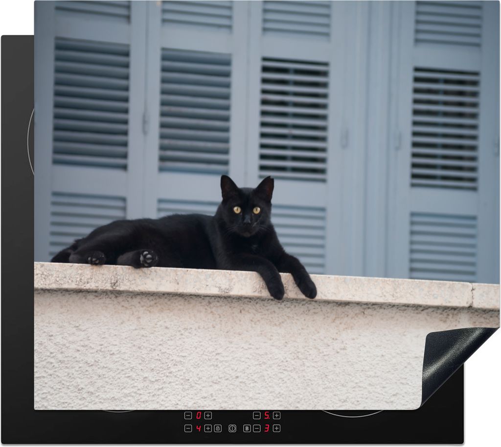 KitchenYeah Herdabdeckplatte Katze - Schwarz - Fensterläden - Mädchen - Kinder - Jungen - Kind , 59x52cm, Küche Deko, Glaskeramikfeld Herdabde...