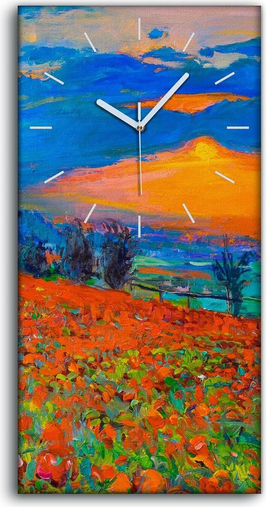 Wanduhr Bürouhr Leinwand Bild 30x60 bunte Mohnblumen und Sonnenuntergang - weiße Hände