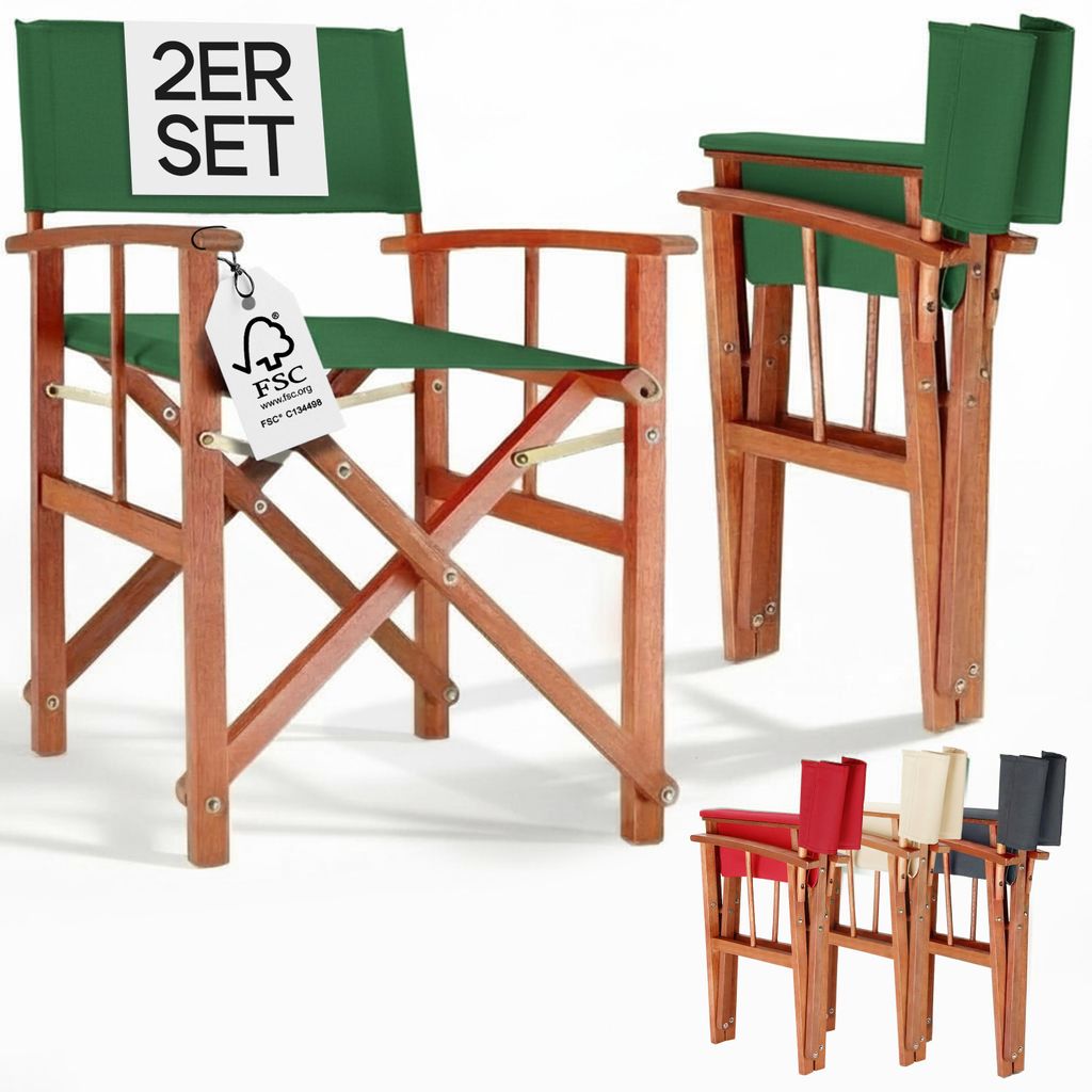 CASARIA Regiestuhl 2er Set aus FSC Eukalyptusholz – Klappbarer Gartenstuhl mit Armlehnen, waschbarem Bezug & 46 cm Sitzhöhe, bis 160 kg bela...