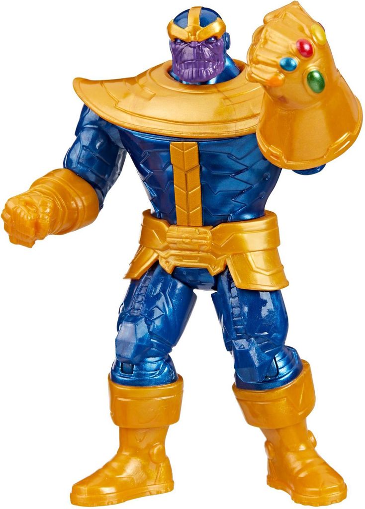 A full-body shot of a Thanos action figure with the Infinity Gauntlet.