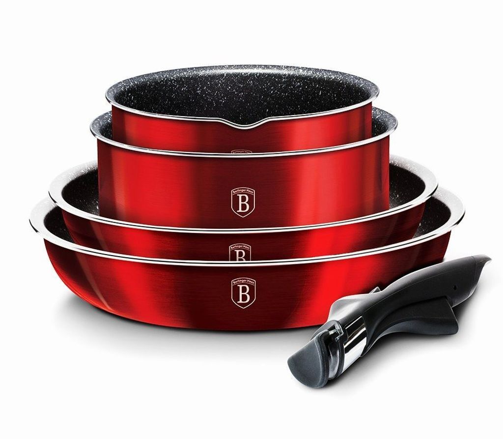 BerlingerHaus Granit Topfset Pfannenset mit abnehmbarem Griff 9-tlg. CLICK-Griff Burgundy Metallic Line