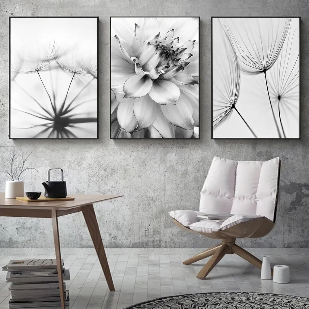Trayosin Set 3 Poster Estetica Moderna Piuma Fiori Nero | Decor Parete