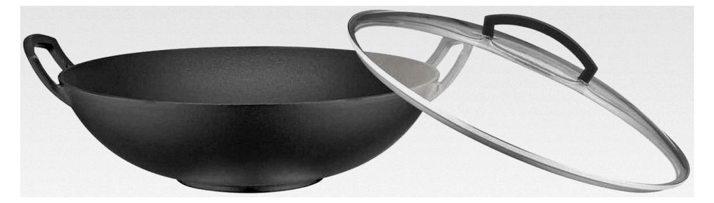 Gusseisen Wok mit Glasdeckel, silber, 15,2 x 38,8 x 42,8 cm