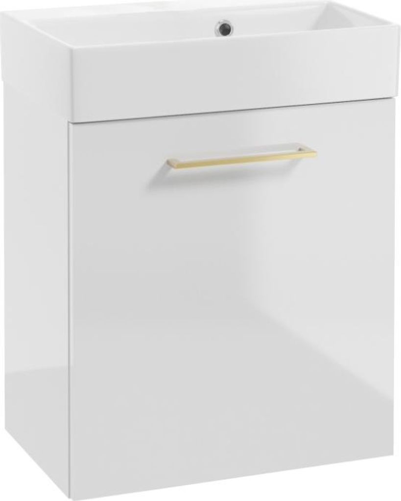 DomoDomo Badezimmerschrank mit Waschbecken 60x50cm Weißer Glanz goldener Griff
