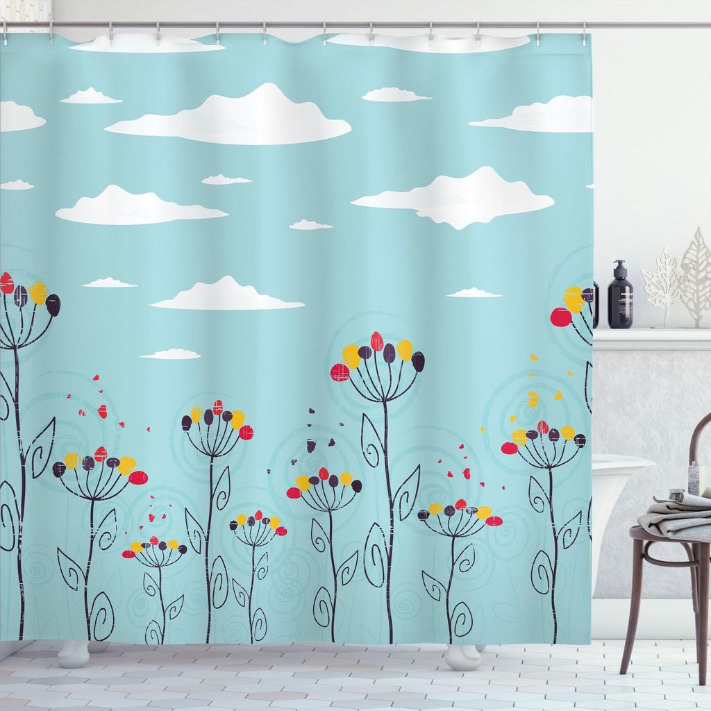 ABAKUHAUS Blauer Himmel Duschvorhang, Netter Sommer-Blumenmuster mit wirbelnden Blattmotiven und Wolke Figuren Nature Theme, 175 x 180 cm, Mehrfarbig