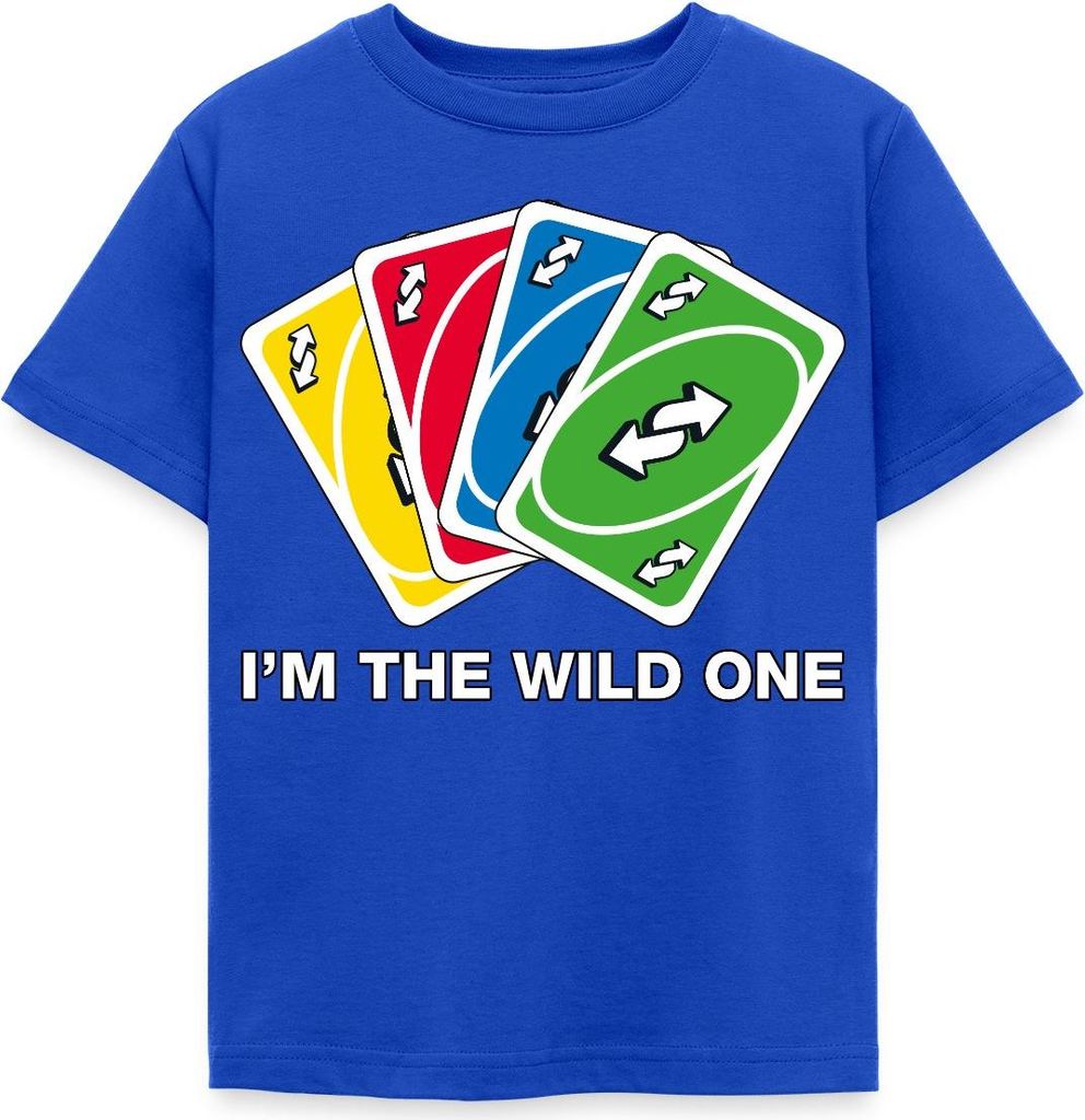 Spreadshirt UNO I'm The Wild One Meme Richtungswechsel-Karte Geschenk Kinder T-Shirt, 122/128 (7-8 Jahre), Royalblau