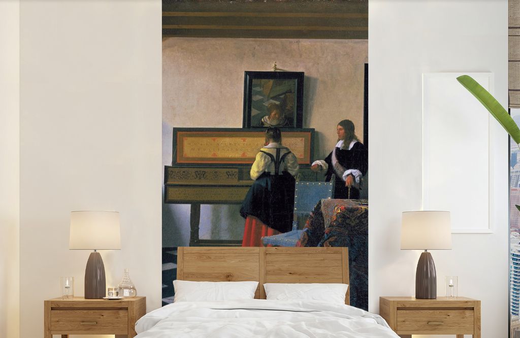 MuchoWow Fototapete für Wohnzimmer oder Schlafzimmer Wandtapete Vinyl Motivtapete Die Musikstunde - Johannes Vermeer - 120x240 cm - Hintergrundbild