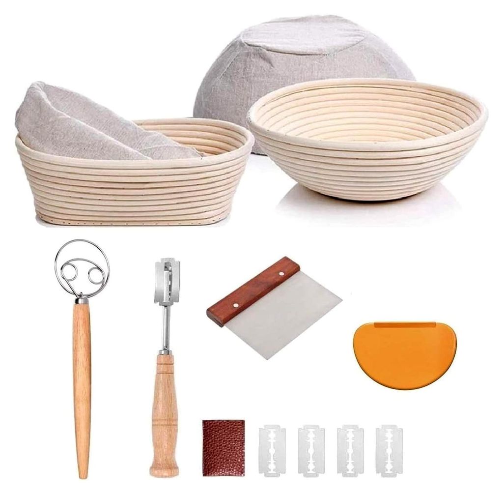 Gärkörbchen-Set für das Brotbacken, bestehend aus 2 runden und ovalen Banneton-Gärkörben in den Größen 22 cm und 25 cm, Teigbesen, Brotschne...