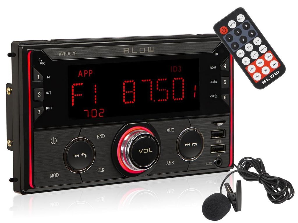 A car stereo with a remote control and microphone.