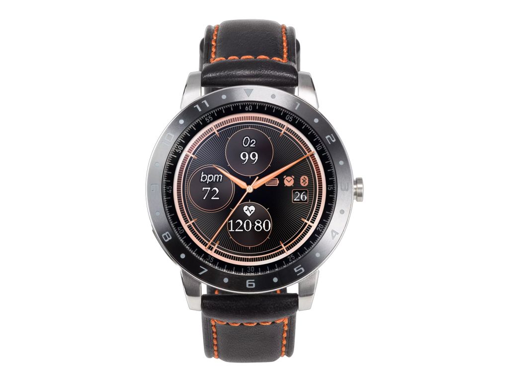 A smartwatch with a black face and leather strap, displaying health metrics.