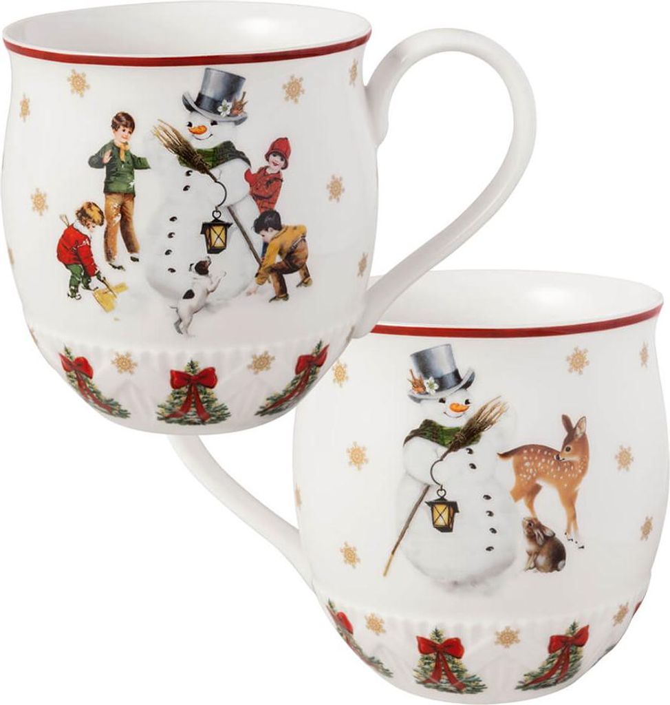 Two mugs with a Christmas-themed snowman design.