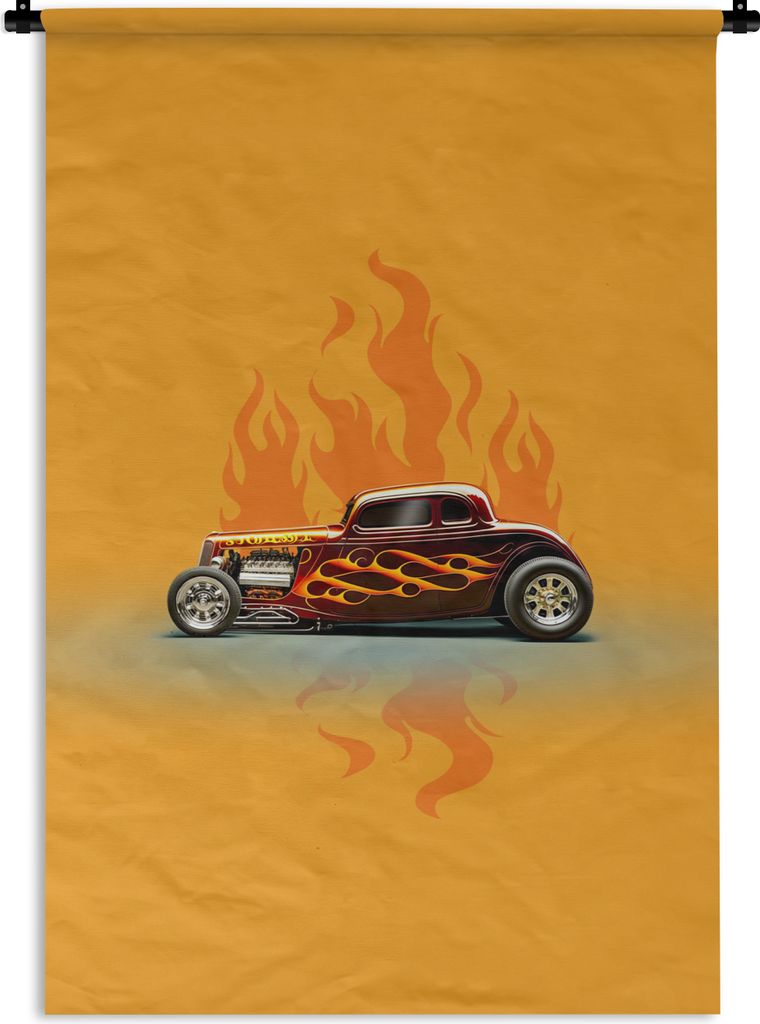 MuchoWow Wandteppich Wandbehang Auto - Flammen - Rot - Vintage 60x90 cm Tapisserie Dekoration Wandtuch - Foto-Teppich - Abwaschbar