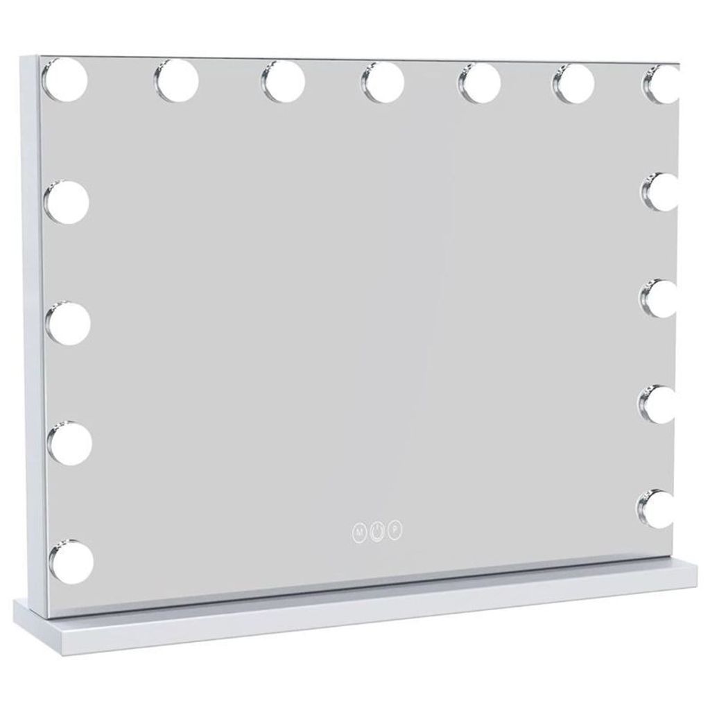 A vanity mirror with lights on a white stand.