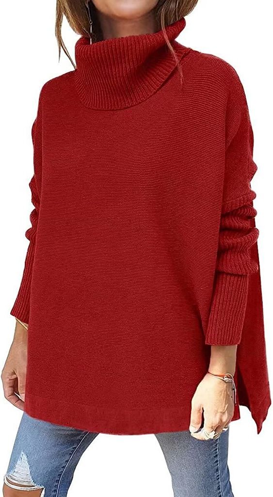 ASKSA Damen Rollkragenpullover Strickpullover Einfarbig Fledermausärmel Pullover, Weinrot, M