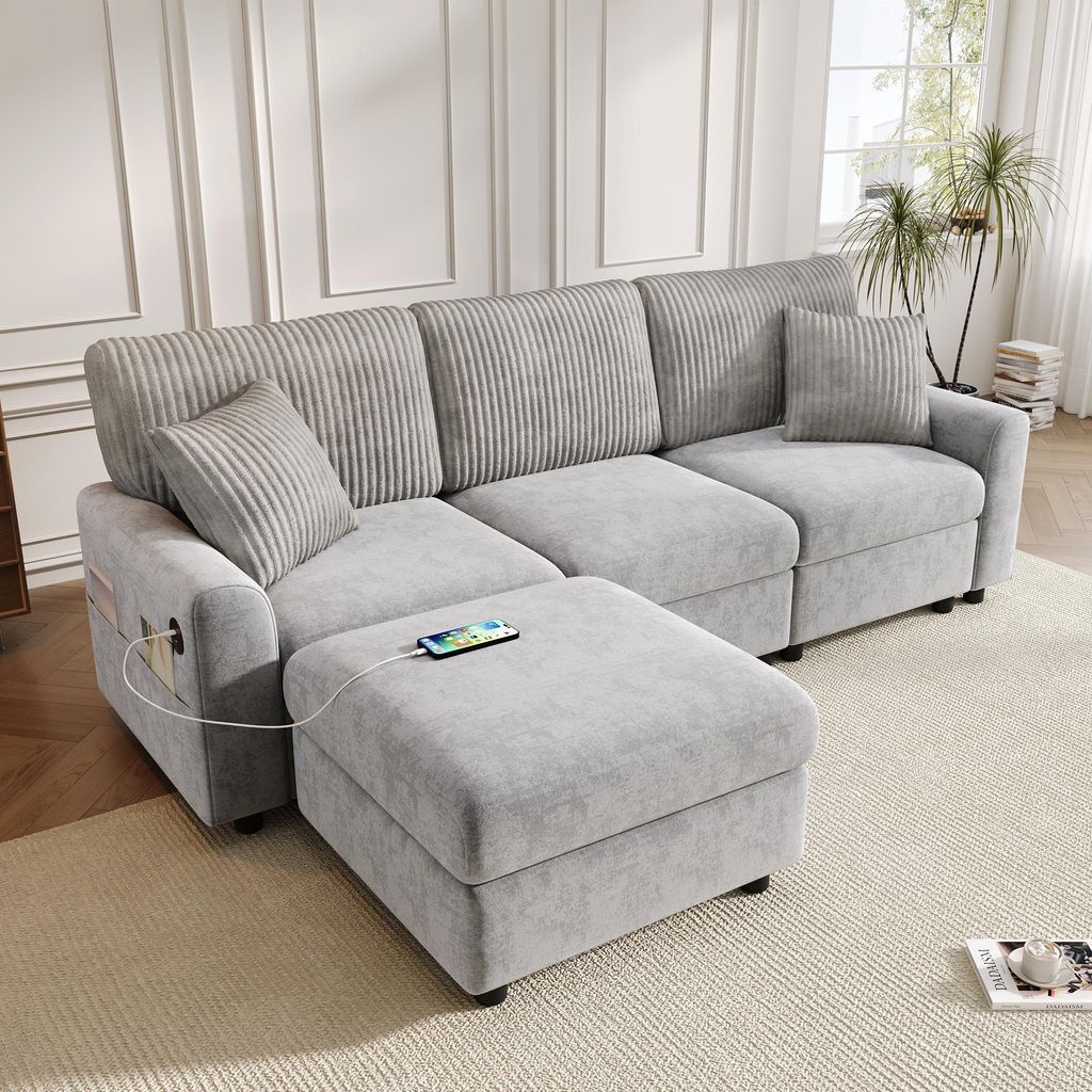 MODFU Wohnzimmersofa Dreisitzer mit Seitentasche und 2 quadratischen Kissen Modulares Sofa Loungesofa mit 1 USB und 1 Type-C-Anschluss Ecksofa mit ...