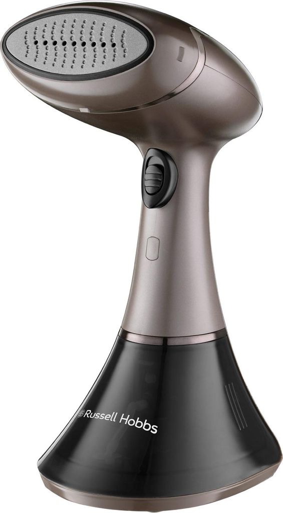 A Russell Hobbs handheld garment steamer on a white background.