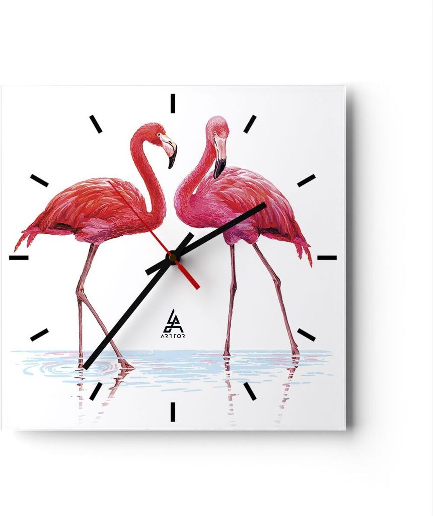 Wanduhr - Quadrat - Glasuhr - Flamingos Rosa Paar - 30x30cm - Schleichendes Uhrwerk - Lautlos - zum Aufhängen bereit - Dekoration Modern - Wanddek...