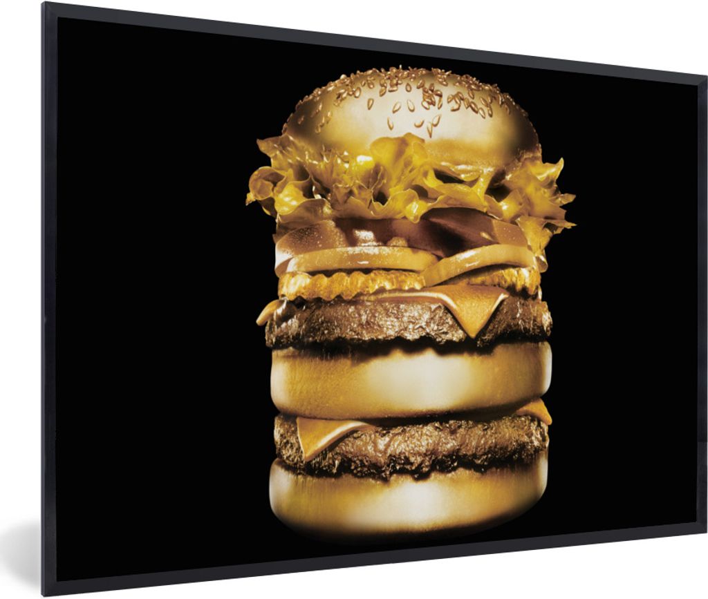 MuchoWow Gerahmtes Poster Goldener Hamburger auf schwarzem Hintergrund. 30x20 cm - Poster mit Schwarzem Bilderrahmen Wandposter Rahmen Foto Bilde...