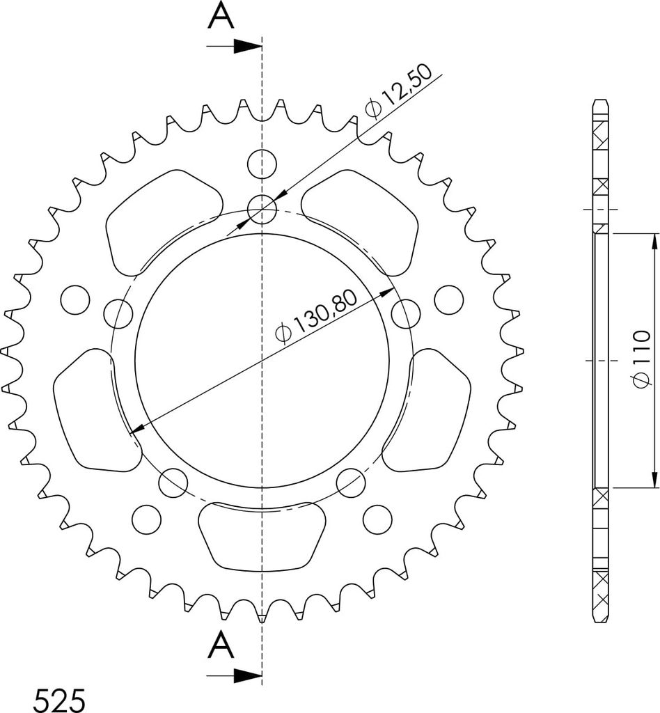 Supersprox Alu-Kettenrad 525 - 43Z (rot) RAL-7:43-RED|ID 110,0 LK 130,8 5-Loch