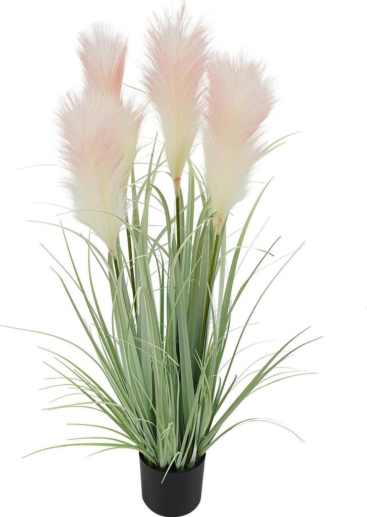 Künstliches Schilfgras - Bodenpflanze im Topf - 90 cm hoch - 5 Ähren - Realistisches PVC - Topf 11,5×12,5 cm - Innenbereich - Hellrosa