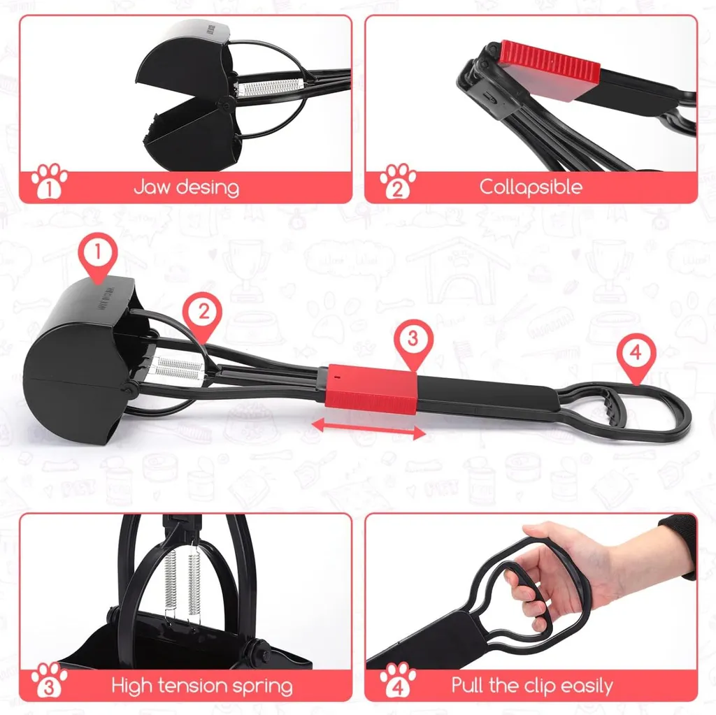 Pelle à crottes 66 cm pour chiens avec manche long et ressort robuste