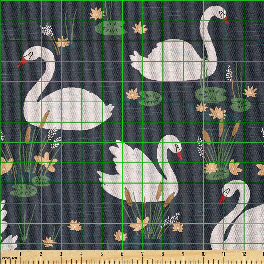 ABAKUHAUS Schwan Microfaser Stoff als Meterware , Teich-Lilien und Cattails-Wachstum mit weißen Wasservögeln auf der dunkelblauen See-Grafik, 10 ...