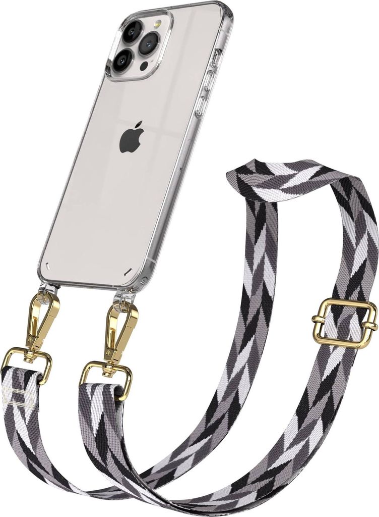 EAZY CASE Handykette - Verstellbarer Trageriemen kompatibel mit Apple iPhone 13 Pro Max, Handykordel mit transparenter Silikon-Hülle, Karabiner Go...