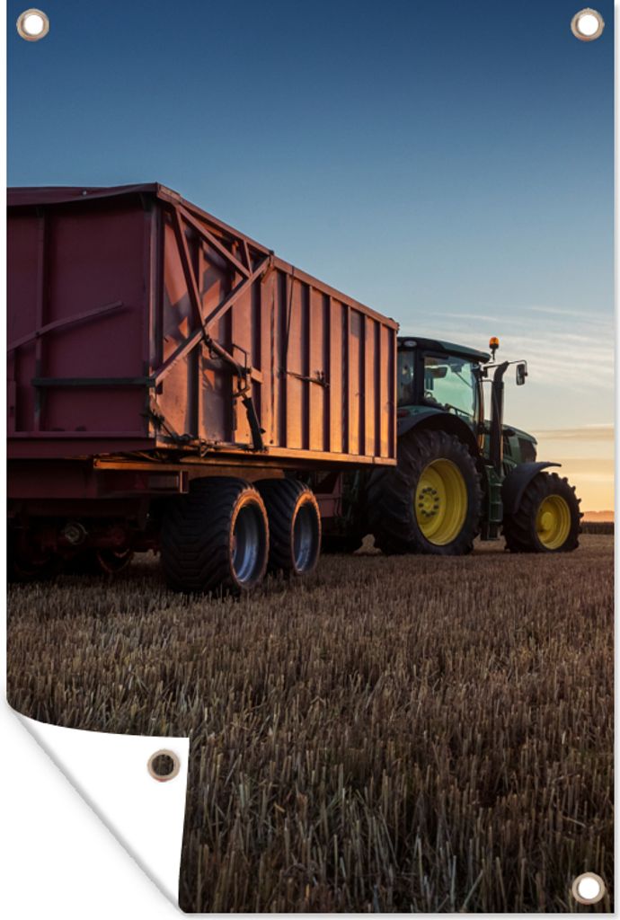 MuchoWow 80x120 cm Outdoor-Poster Gartendeko Sichtschutz Garten Poster für den Garten Traktor - Grün - Sonnenuntergang - Horizont - Grün - Lan...