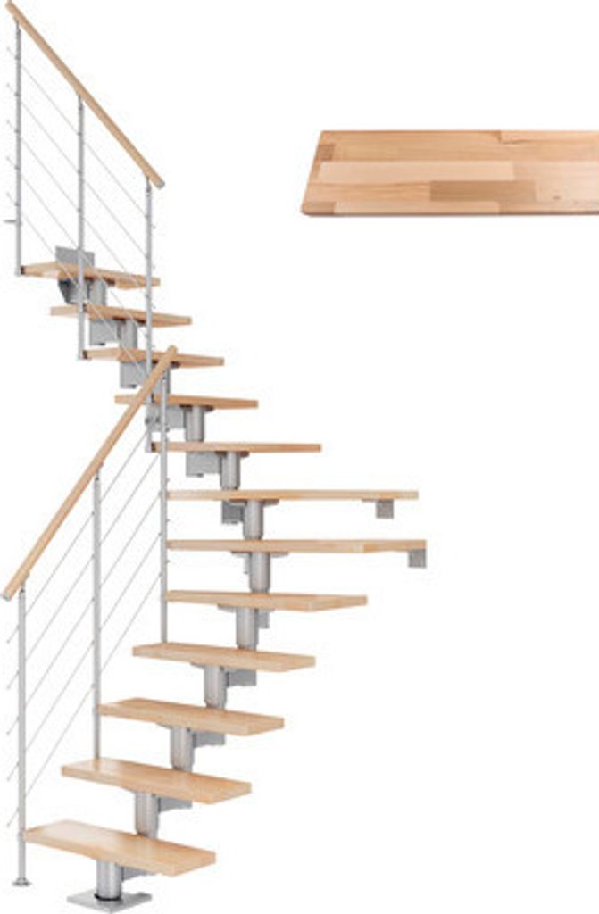 Pertura Mittelholmtreppe Chiron Buche Leimholz Perlgrau 1/4 gewendelt unten links/rechts 75 cm 14 Stufen / 15 Steigungen