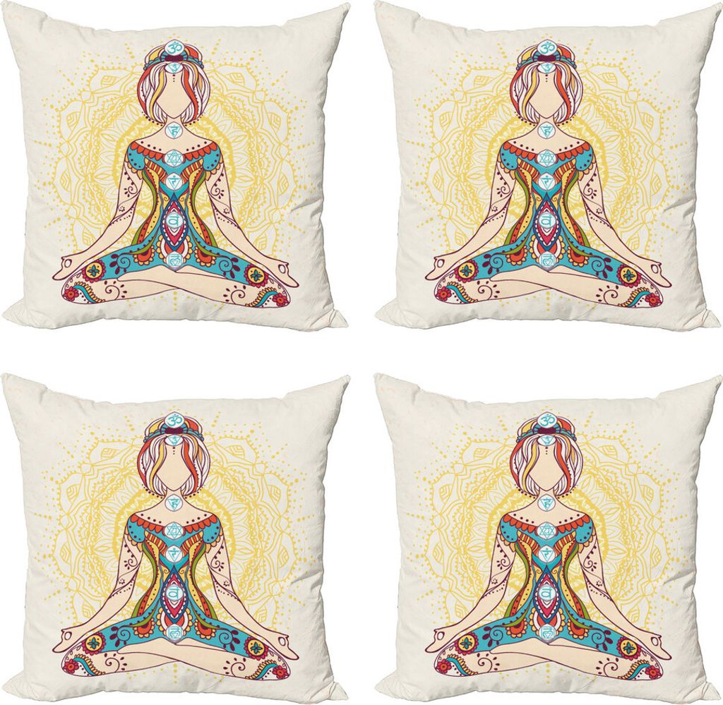 ABAKUHAUS Chakra Kissenbezug Set (4 Stück), Lotus Pose Inner Peace, Moderner Doppelseitiger Digitaldruck, 45 cm x 45 cm, Mehrfarbig