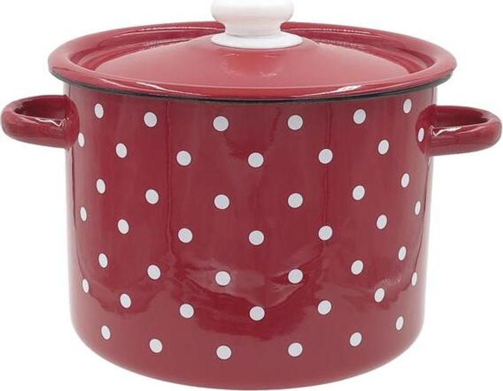 A red polka dot pot with a lid.