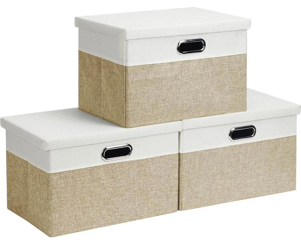 Boîte de rangement tissu marron et blanc avec couvercle petit format