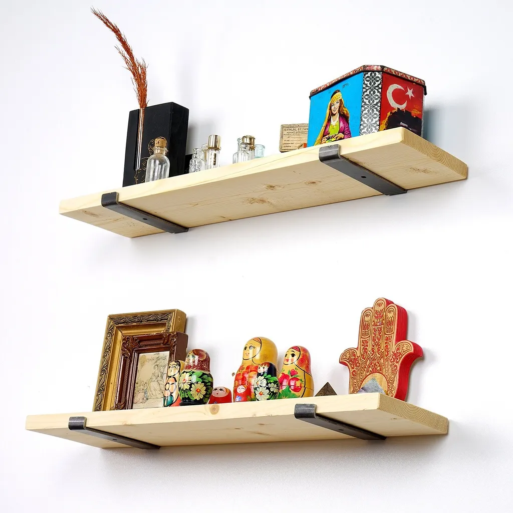 Étagère murale bois d'épicéa et métal noir pour salon et chambre