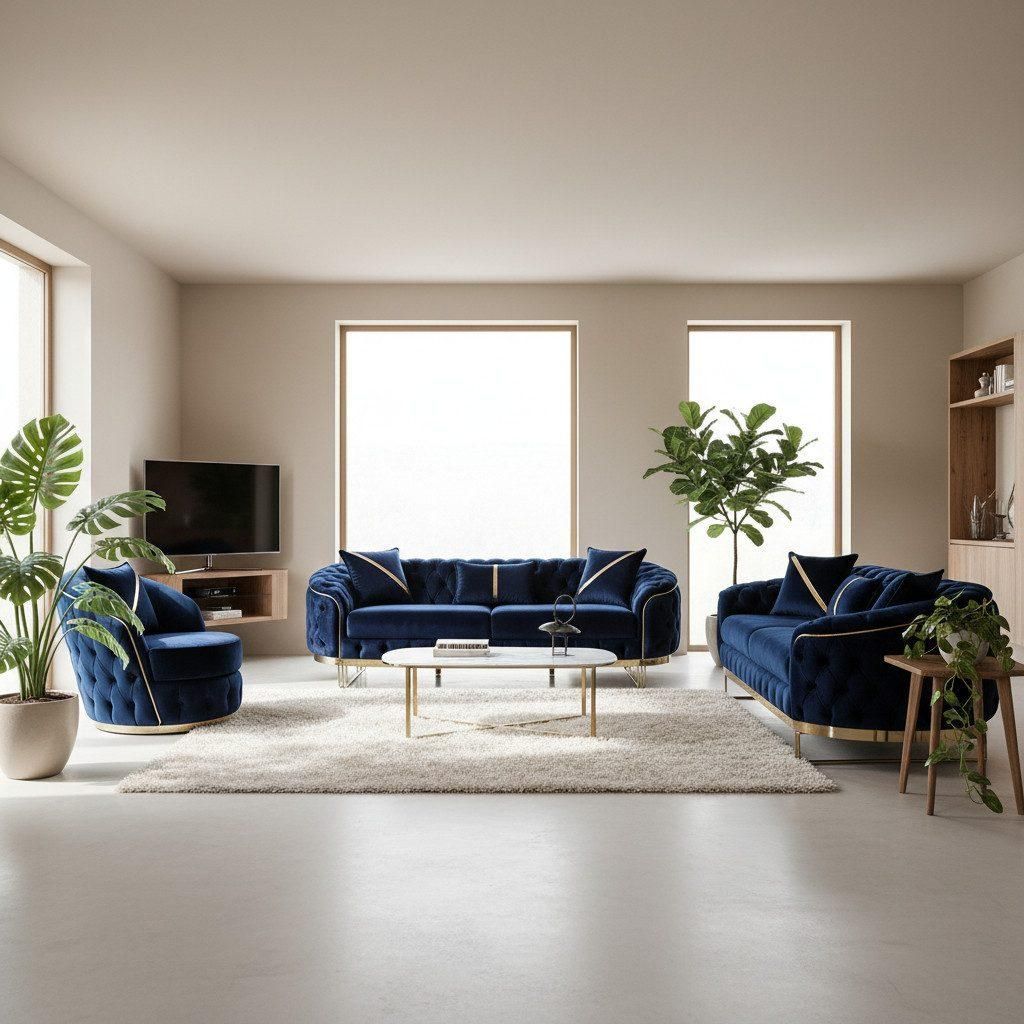 Sofa -Set MIRA mit Knopfheftung in 5 edlen Farbvarianten 3-Sitzer + 3-Sitzer + Sessel Farbe: Blau