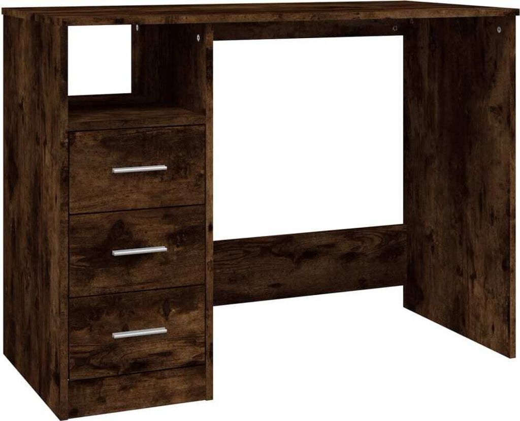 A studio shot of a wooden desk with drawers.