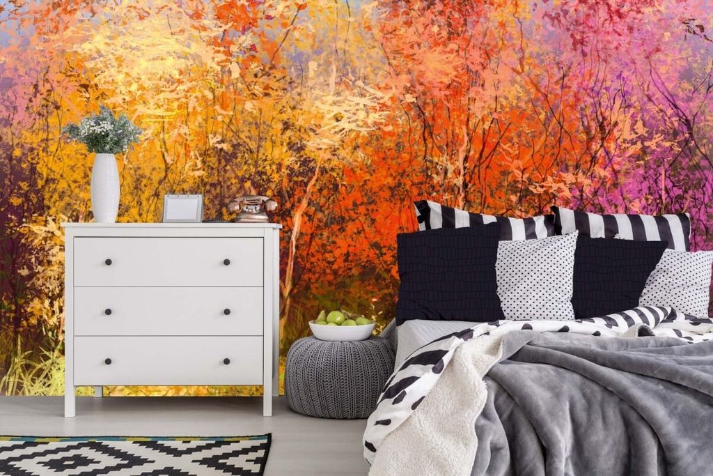 Vlies Fototapete GEMÄLDE - BUNTE HERBSTBÄUME 375 x 250 cm (inkl. Kleister) - Vlies Tapete, Wandtapete, Wandbilder - Tapete für Wohnzimmer Schlaf...