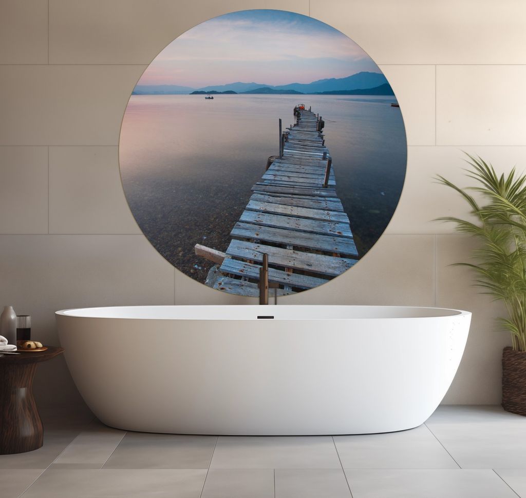 Wallario wasserfestes Poster selbstklebend 120 x 120 cm, Steg am See- Idylle bei Sonnenuntergang, Badezimmerposter Spritzschutz mit Hochglanzoberfl...
