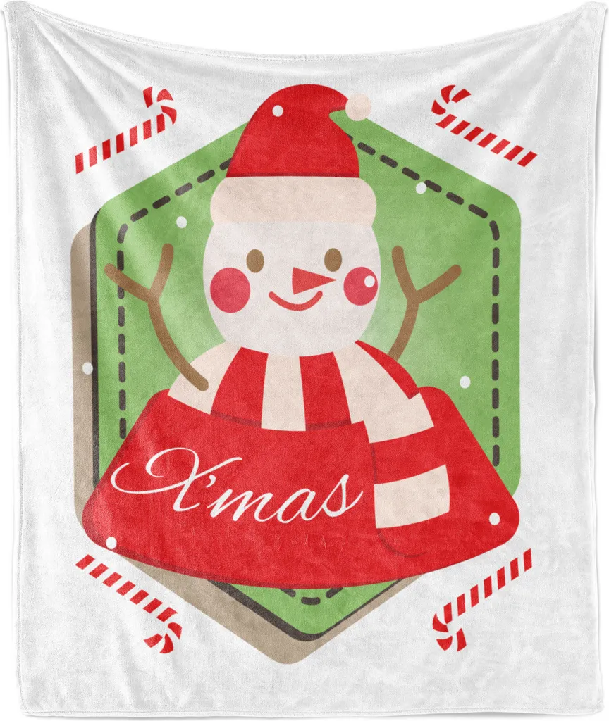ABAKUHAUS Coperta natalizia in morbido pile di flanella, simpatico pupazzo di neve con scritta X'mas e bastoncini di zucchero, 175 x 230 cm, verde pistacchio e rosso cinabro - 1