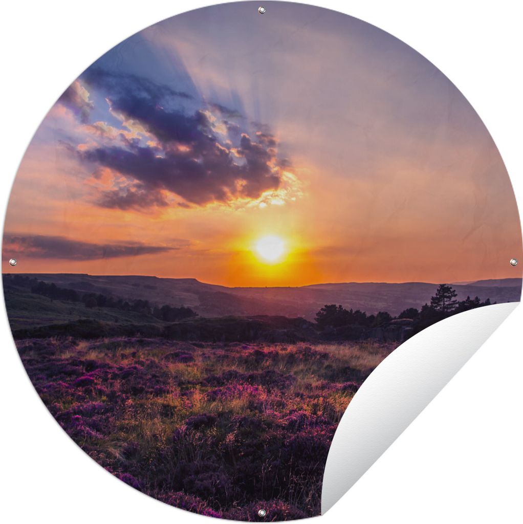 MuchoWow Gartenposter Outdoor-Poster Rund Sonnenuntergang in der Heidelandschaft Ø 60 cm Gartendeko Rundes Poster draußen