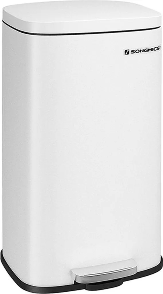 Poubelle 30L sans bruit avec couvercle amorti et pédale en acier blanc