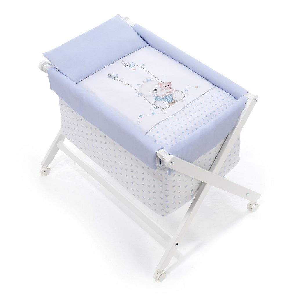 Interbaby - Wiege in X - Weiß Holz - 55X90X72 mit Bekleidung und Bettwäsche - Mod. Oso Columpio - Blau