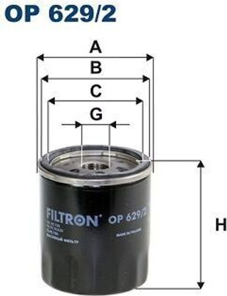 A diagram showing the dimensions of an oil filter, with the filter itself shown in the foreground.