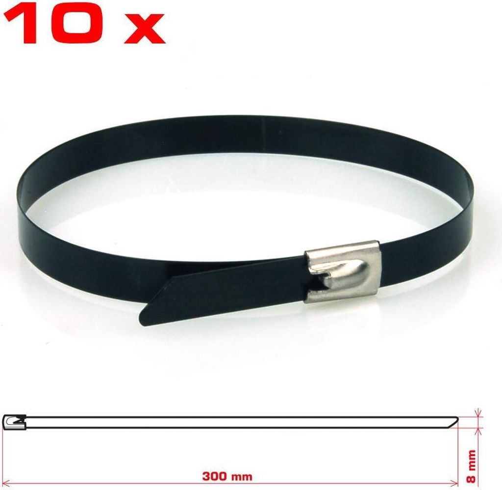 Kabelbinder Edelstahl, schwarz, 10er Set, 8,0 x 300 mm
