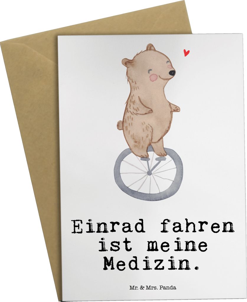 Mr. & Mrs. Panda Glückwunschkarte Bär Einrad fahren - Weiß - Geschenk, hochzeitskarten, babykarte, weihnachtskarten, osterkarten, dankeskarten, ...