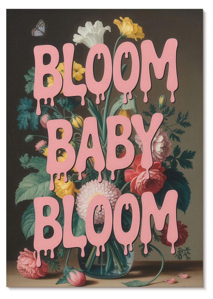POSTER - 21x29 cm (A4) - Signal Works - Blumen mit rosa Aufschrift: Positive Energie - Wandbild für Wohnzimmer Schlafzimmer & Flur, Modernes Poste...