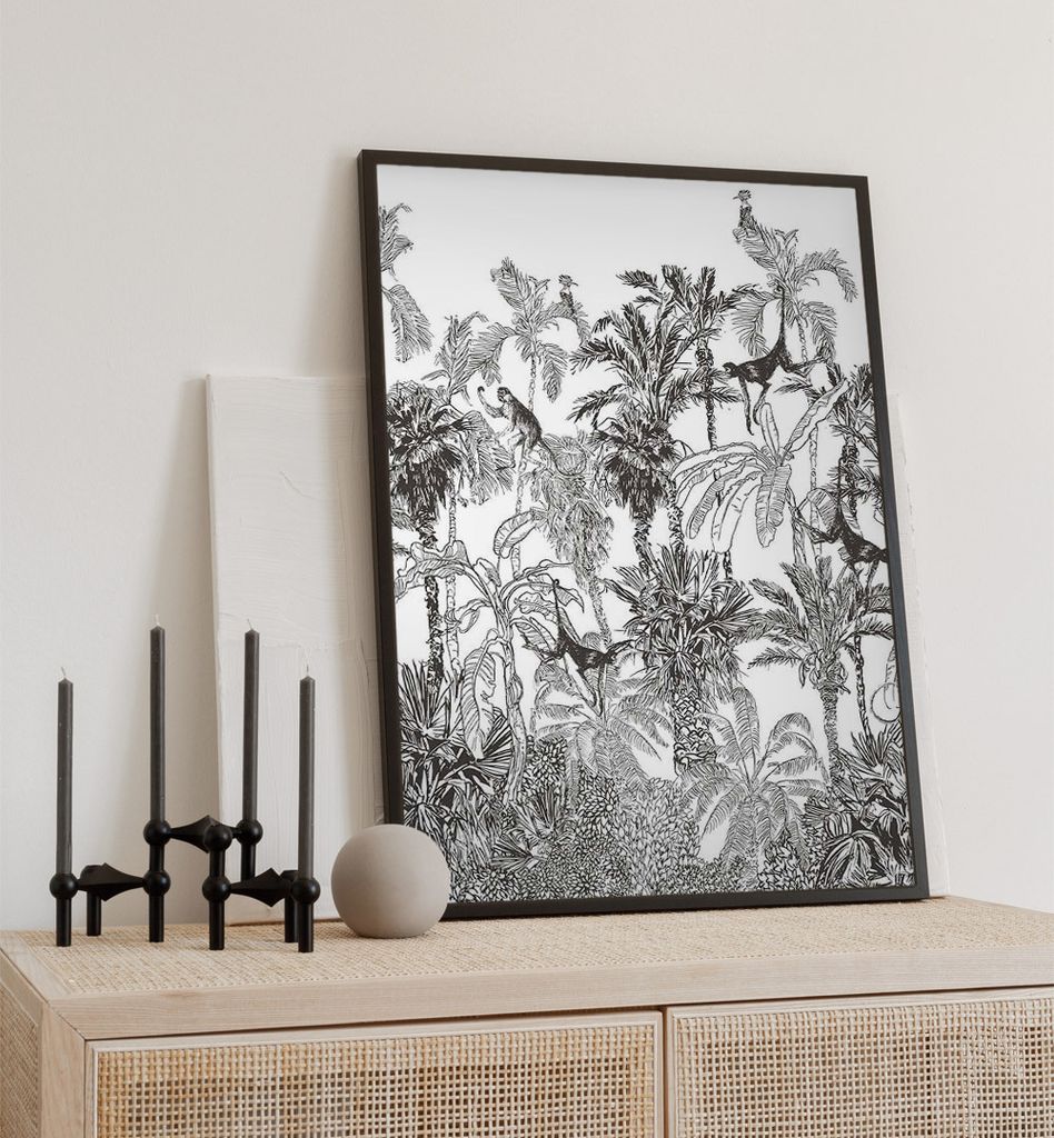 Poster Dschungel Affen, groesse_poster:50x70 cm, groesse_rahmen:schwarz Passepartout 70x100 cm