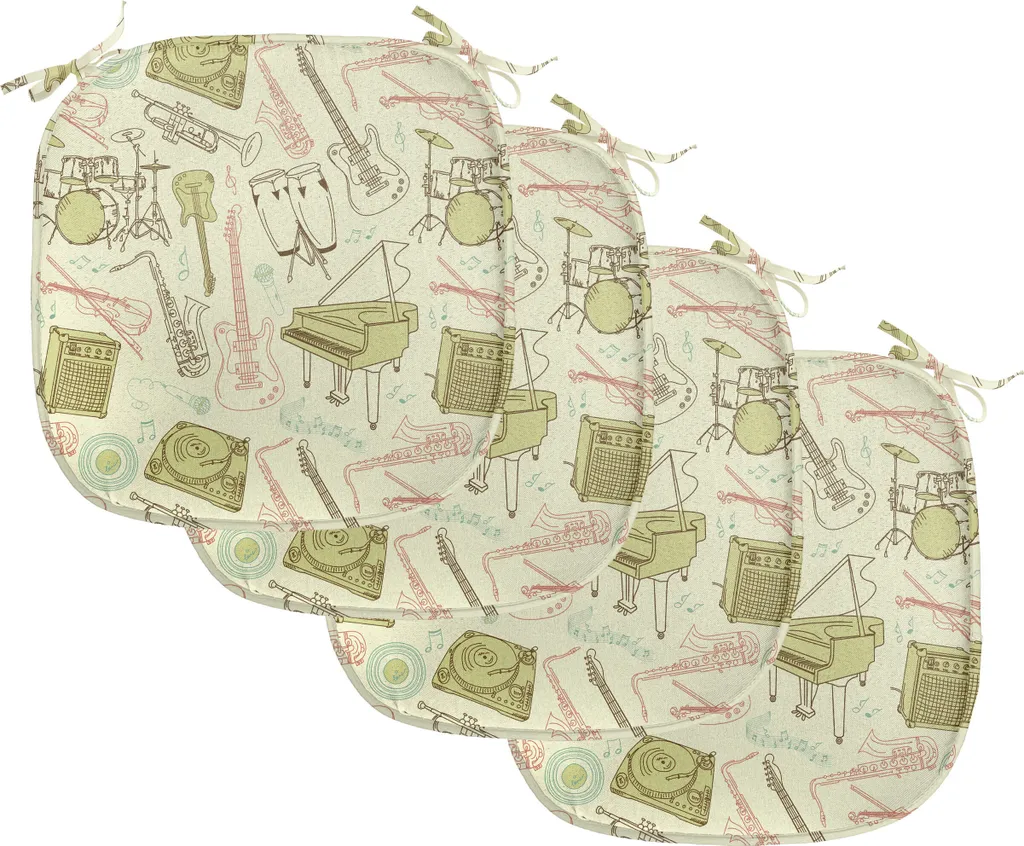 ABAKUHAUS Jazz Music Cuscini imbottiti per sedie da sala da pranzo, Doodle Equipment, Cuscini decorativi impermeabili con cinturini per sedie da cucina, 40 cm x 40 cm - confezione da 4, Blush Khaki e Beige