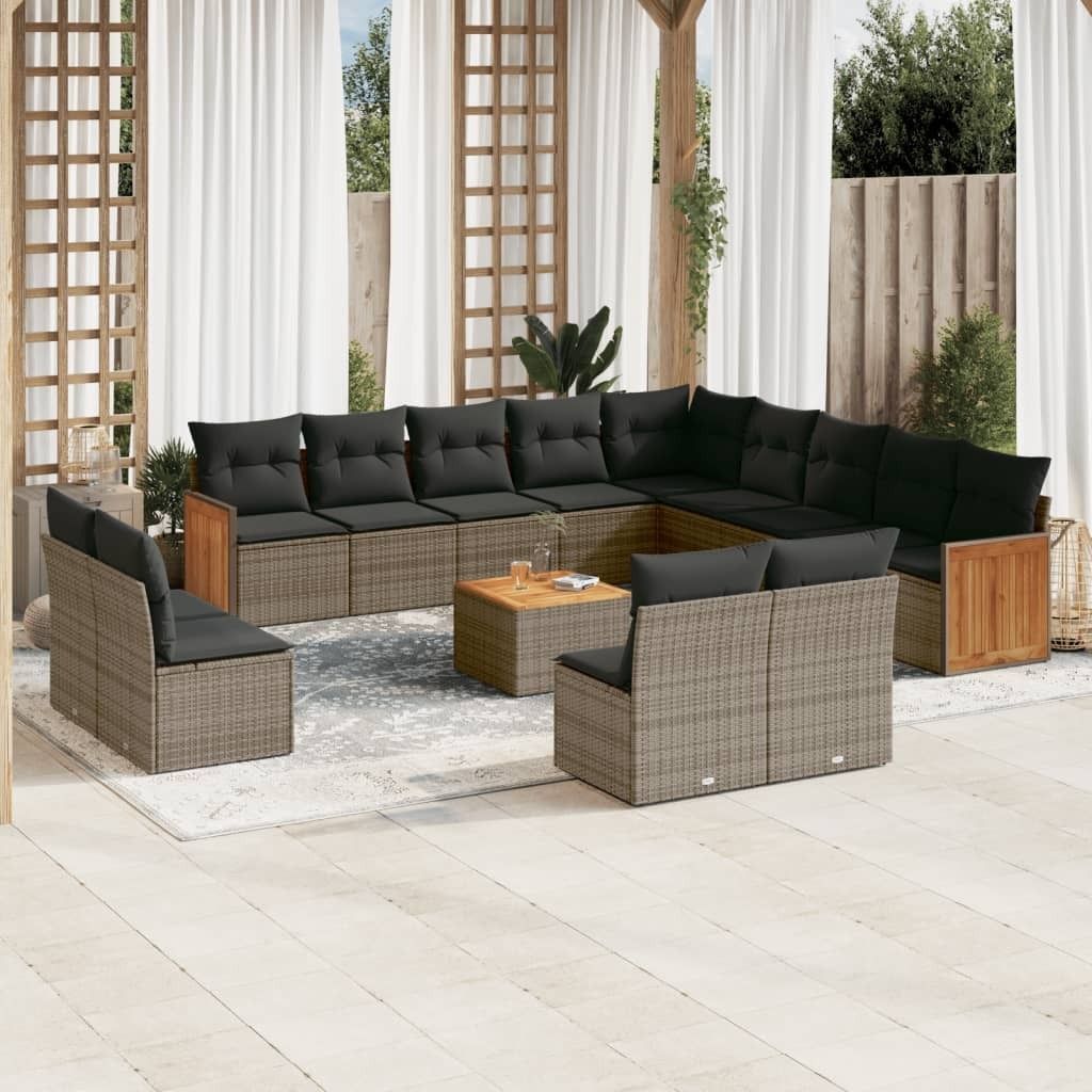 Design 14-tlg. Garten-Sofagarnitur mit Kissen Grau Poly Rattan, Gartenmöbel-Sets 2024 Neu