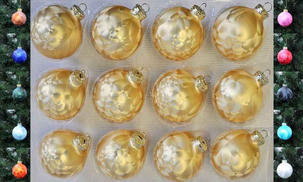 JACK 12x Glas Eislack Christbaumkugeln 6cm Thüringer Weihnachtskugeln Kugeln, Farbe:Gold
