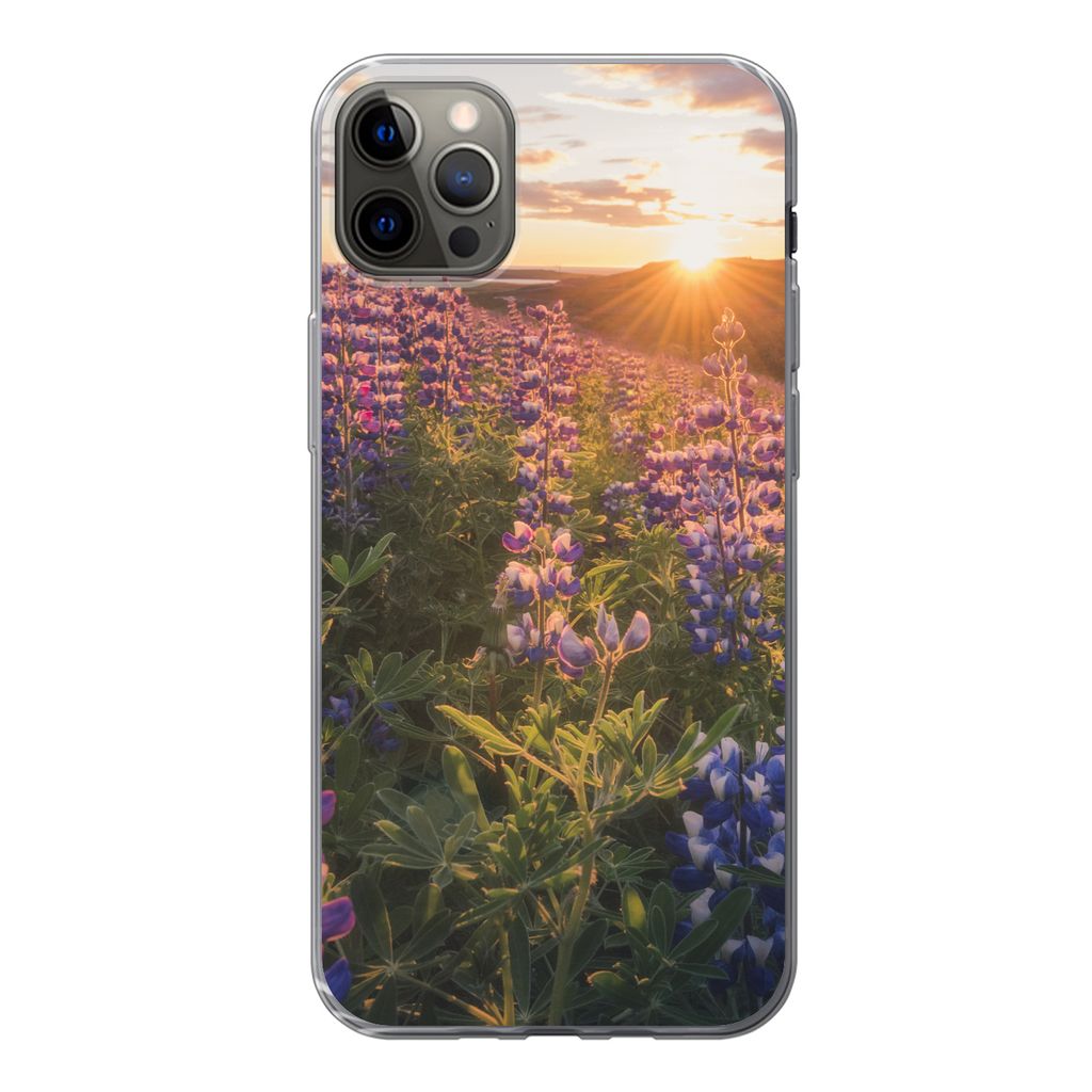 MuchoWow Handyhülle Schutzhülle Hülle für iPhone 12 Pro Max Lupine - Sonne - Lila Silikon Softcase Handy Hülle - Hartschale